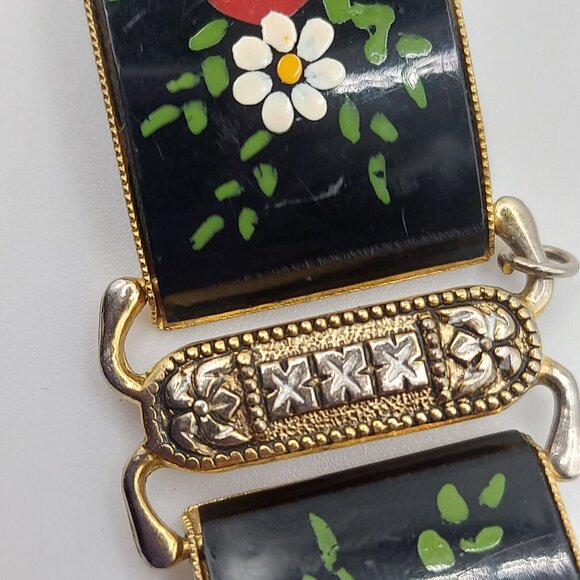Vintage Hand Painted Floral Panel Bracelet Gold Tone Damascene Made in Spain - Picture 3 of 7